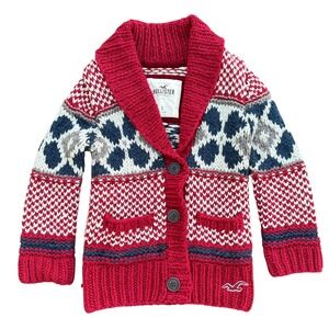 Hollister Women's Red Blue White Fair Isle Shawl Collar‎ Knit Cardigan Sweater S